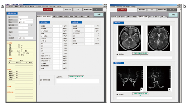 脳ドック受診管理システム。結果入力画面　a：血液・生化学，b：画像