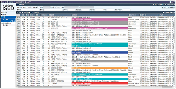 iSEDの検査一覧表示 設定により，小児用カラーコードプロトコルに応じて自動的にプロトコル表示色が変更されている例。